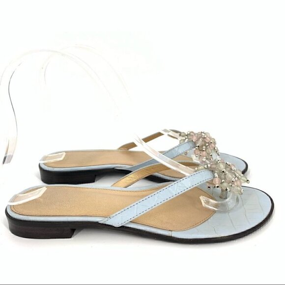 Talbots womens sandals size 5 blue leather tortoise embossed beaded flop flops - Picture 2 of 12